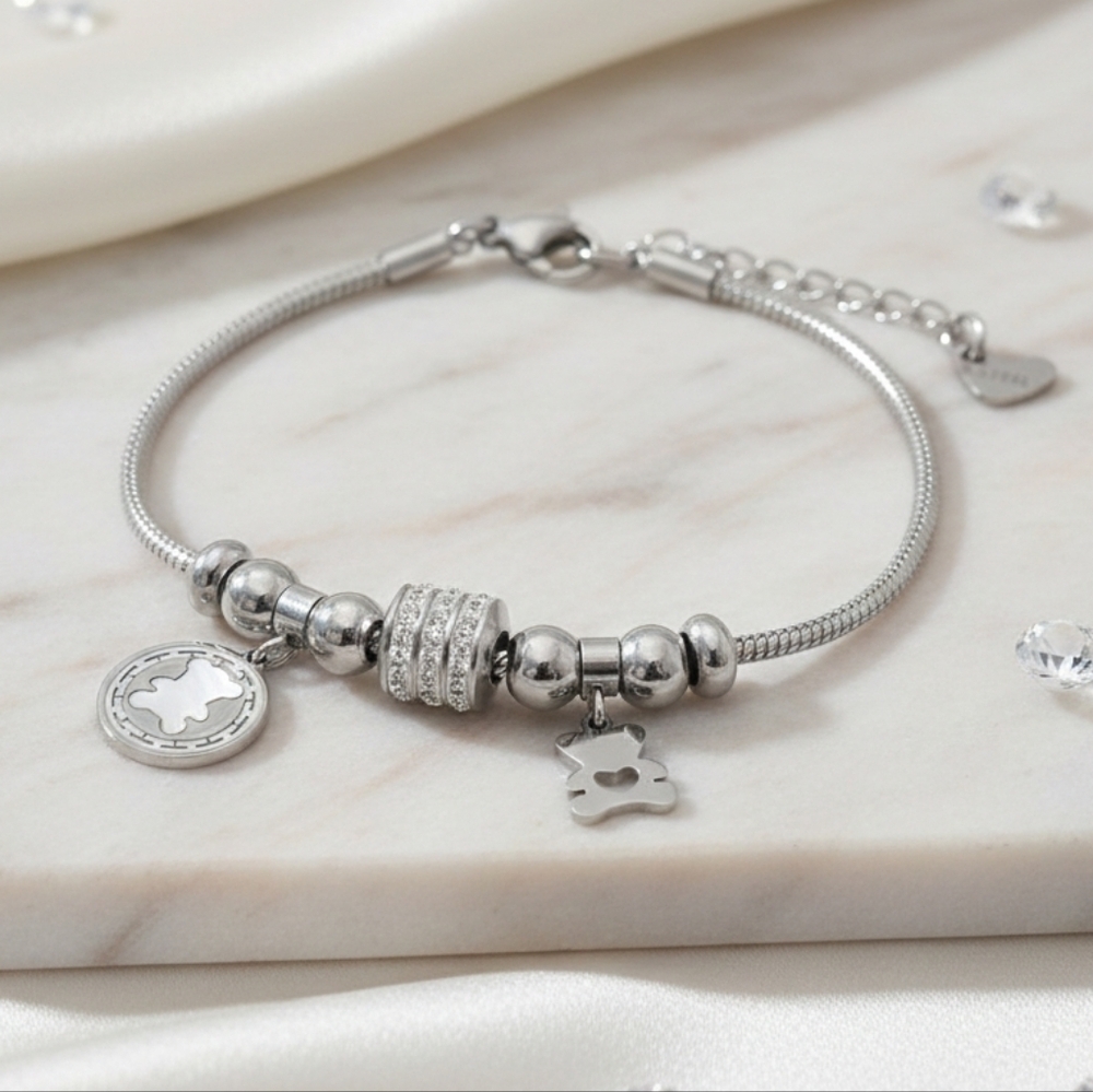 18K White Gold Plated Bear Charm Bracelet Rhinestone Beads Trendy Gift Jewelry - Picture 13 of 13